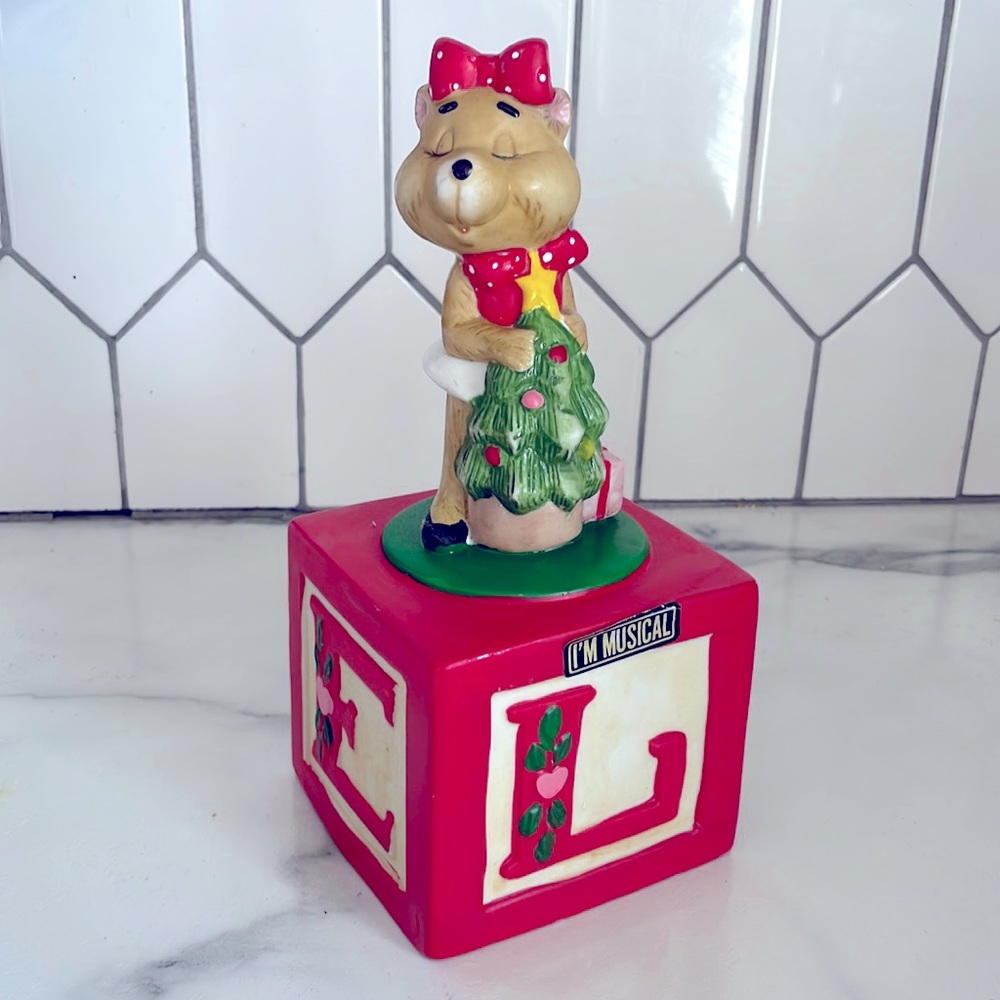 Vintage Flambro Porcelain Bear w/Christmas Tree on Noel Block Music Box